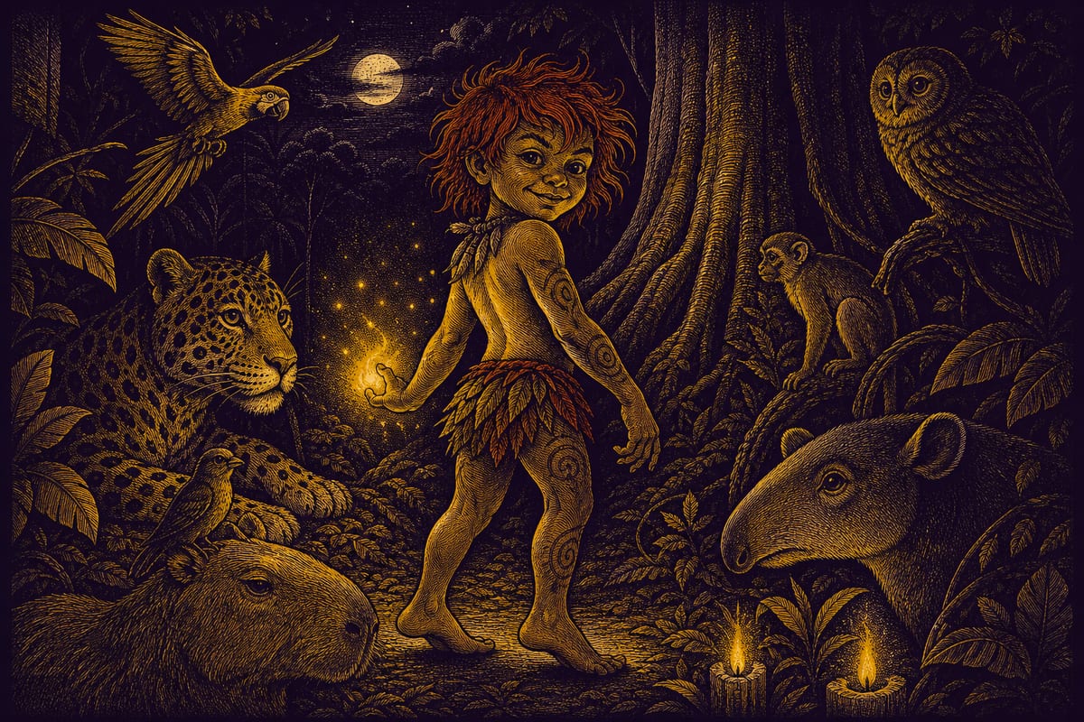 Ilustración de El Curupira, leyenda de Brasil