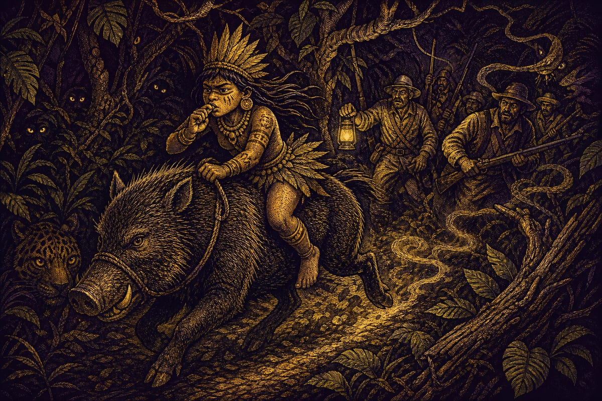 Ilustración de La Caipora, leyenda de Brasil
