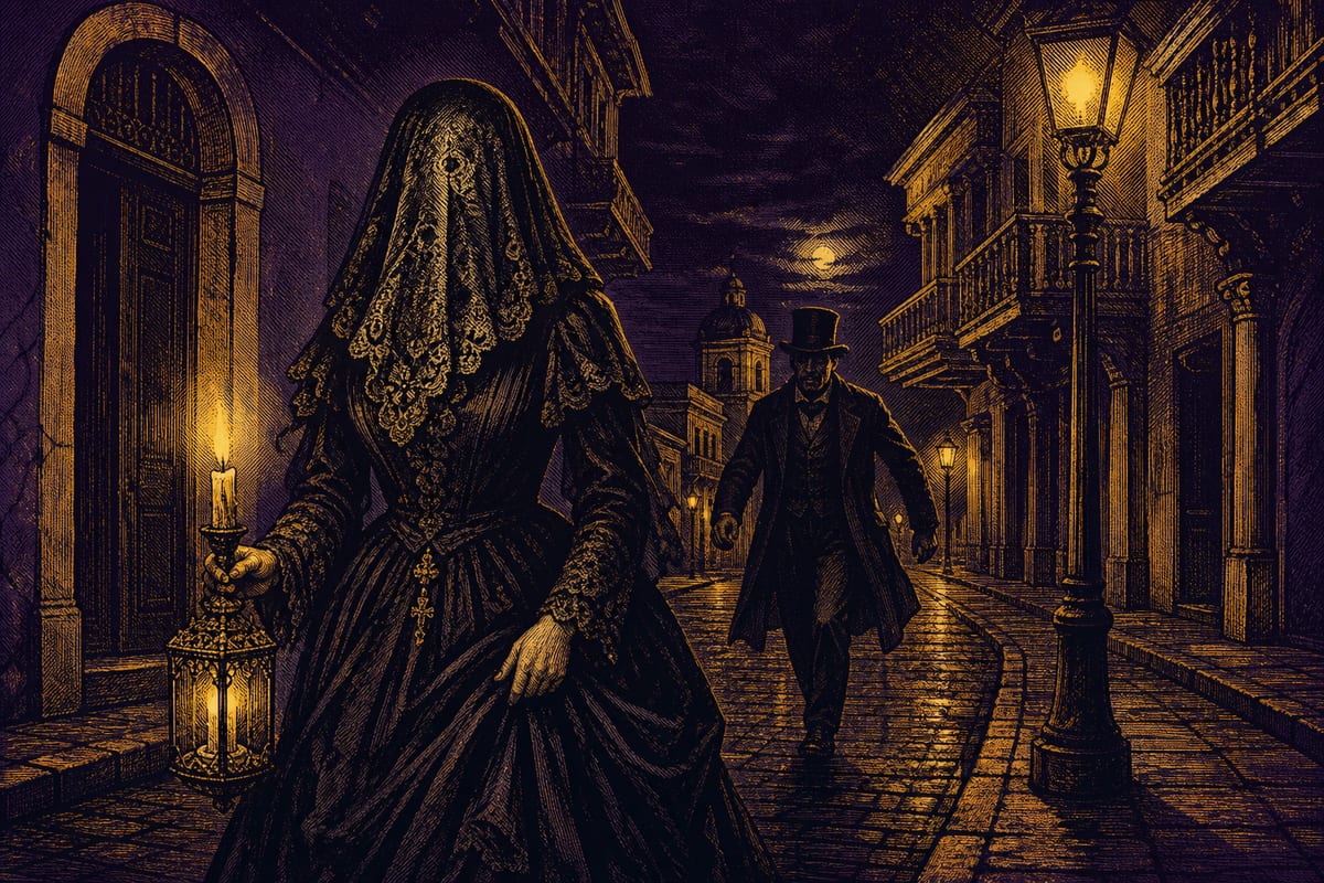 Ilustración de La Dama Tapada, leyenda de Ecuador