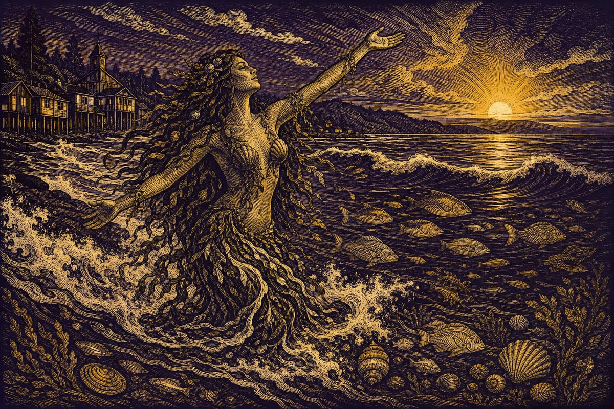 Ilustración de La Pincoya, leyenda de Chile